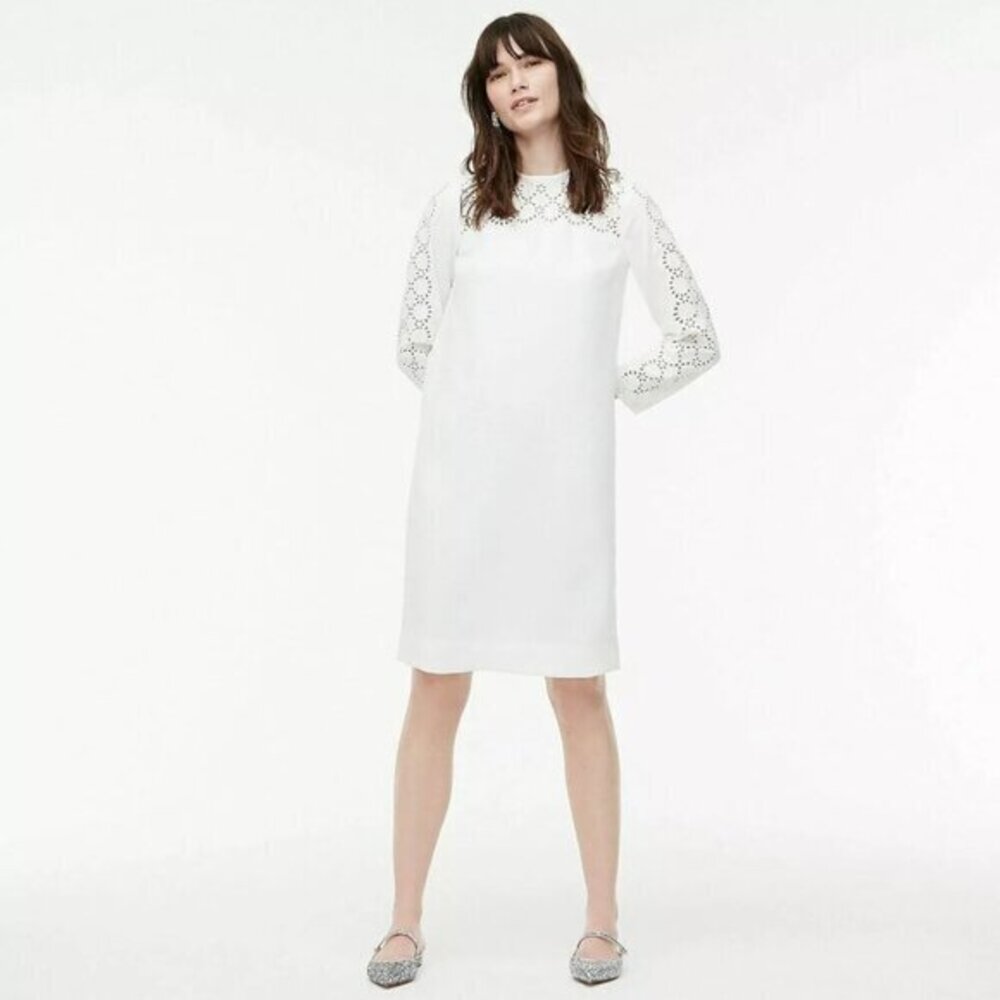 J. Crew White Laser-Cut Eyelet Lace Long Sleeve Shift Dress in 365 Crepe Size 14